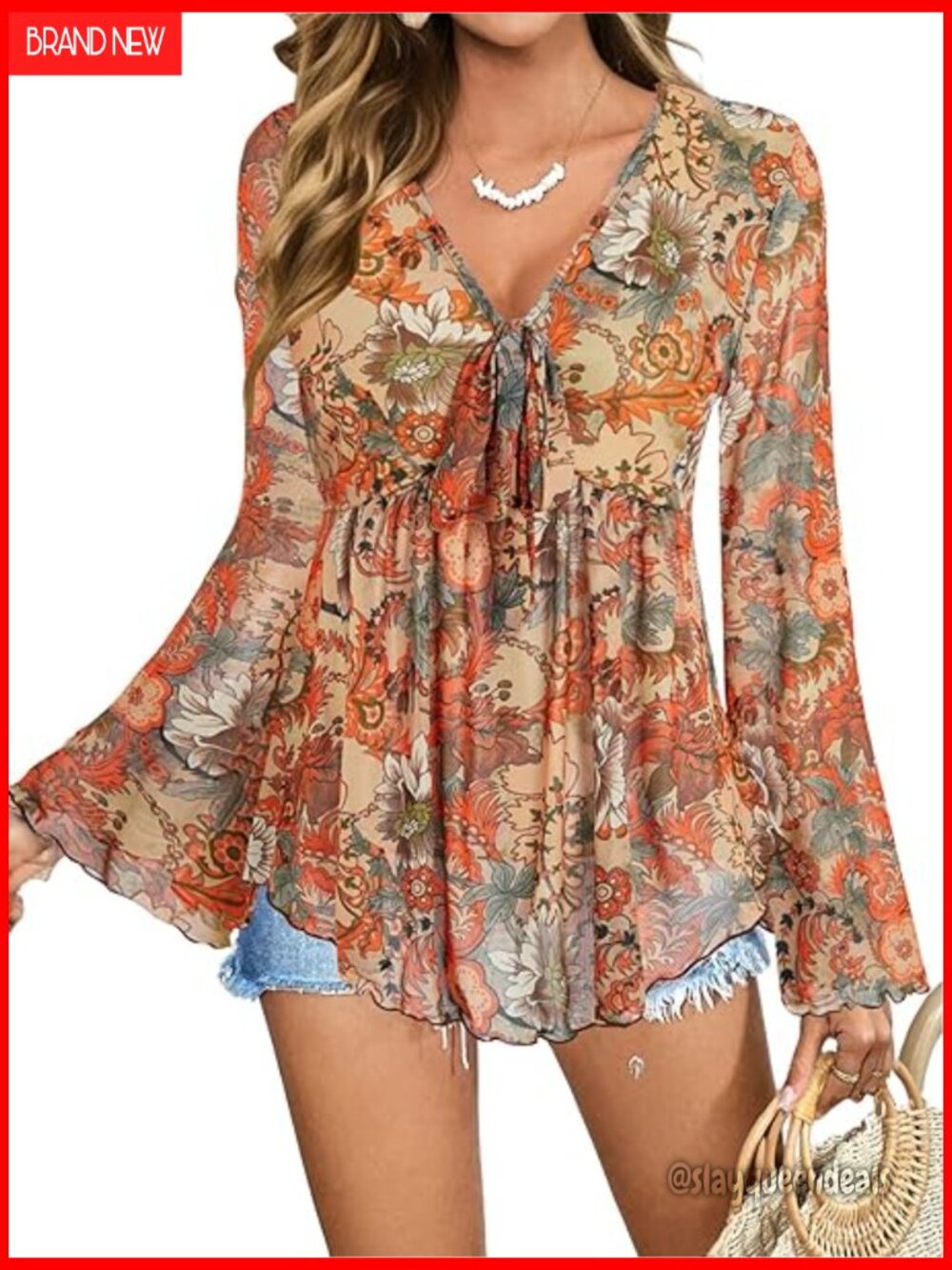 70s Country Concert Top Paisley Boho Mesh Peplum V Neck Long Sleeve Blouse